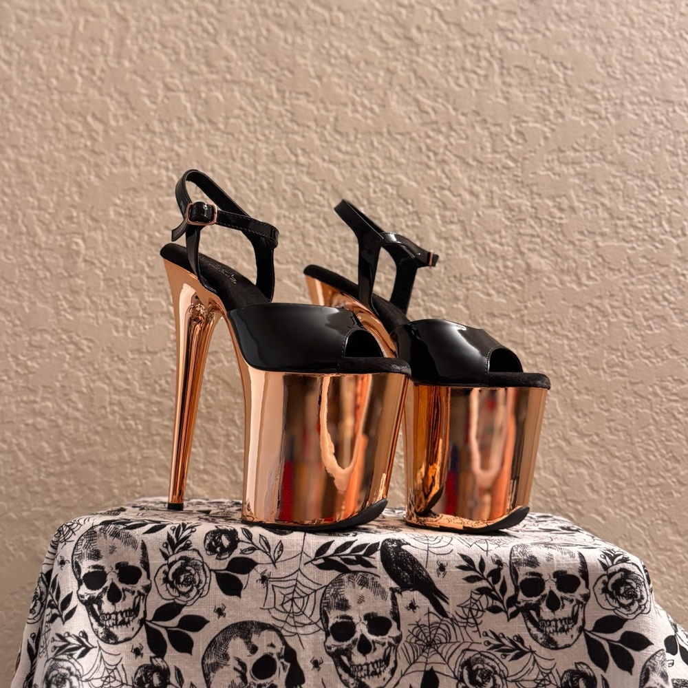 Pleaser Black and Rose Gold Platform Heels - Picture 4 of 12